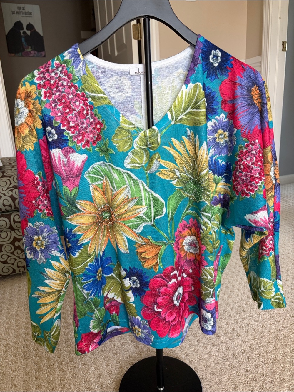 Milano Teal Floral V-Neck Long Sleeve Top